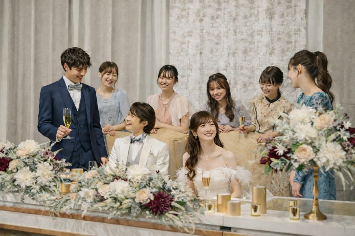 福岡・博多の結婚式場フォレストテラス博多での披露宴シーン（新郎新婦とゲストが近い距離で楽しむアットホームなパーティー）