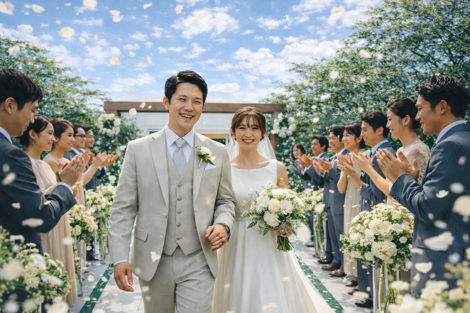 福岡のガーデンウェディングでフラワーシャワーを楽しむフォレストテラス博多の挙式シーン