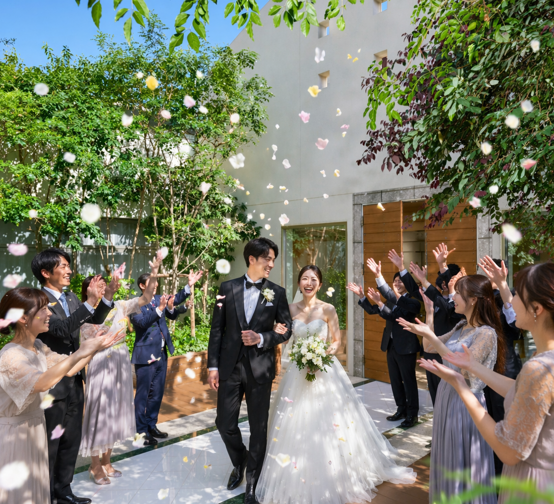 福岡の結婚式場フォレストテラス博多 ガーデンでのフラワーシャワー 新郎新婦とゲスト
