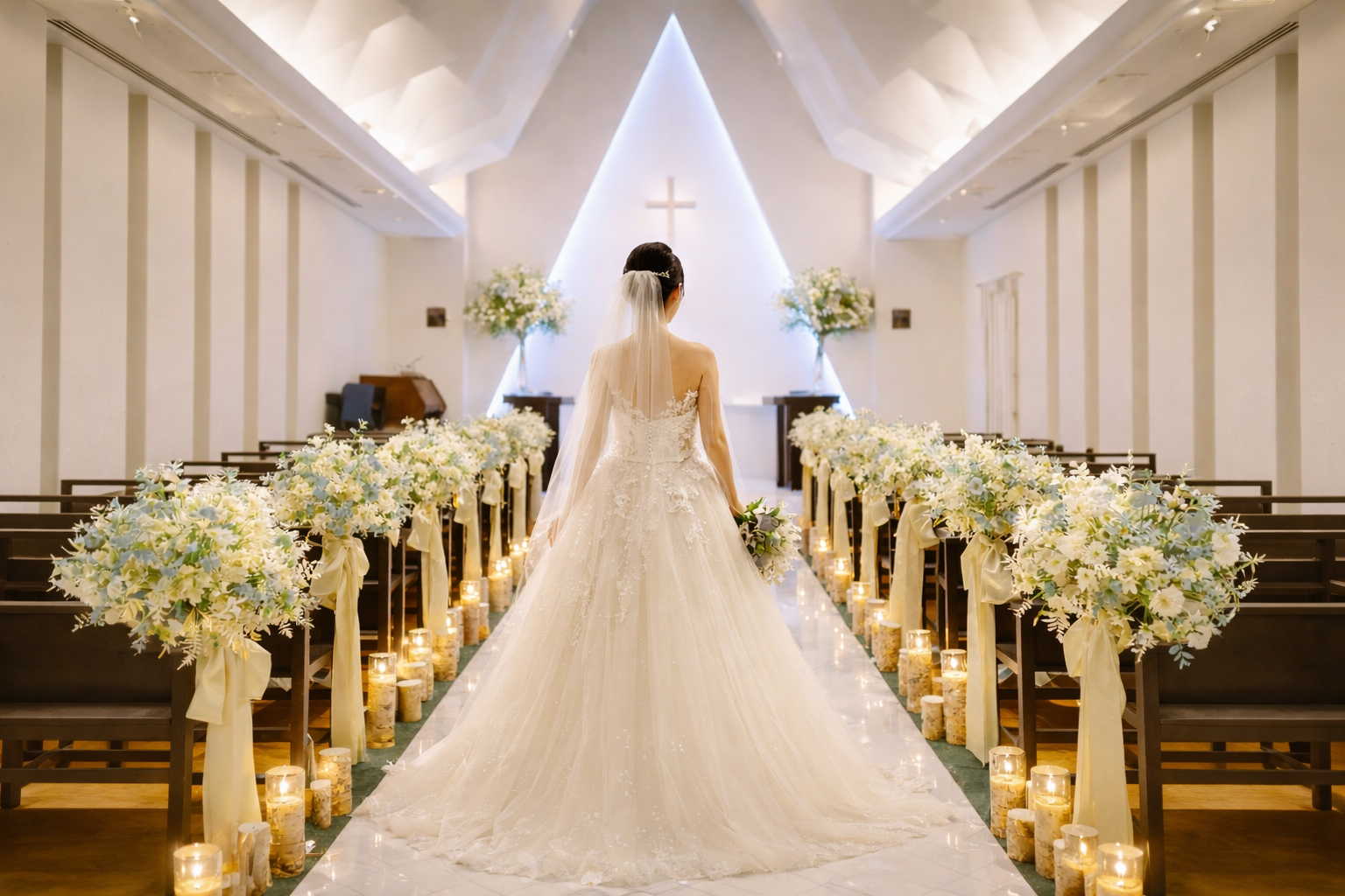 福岡のチャペル結婚式で自然光が差し込むフォレストテラス博多の挙式会場