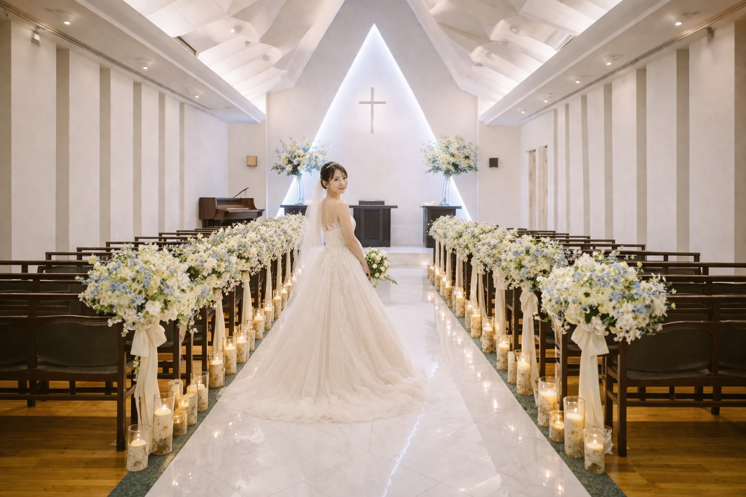 福岡のチャペル結婚式で花装飾とキャンドルが美しいフォレストテラス博多の挙式シーン