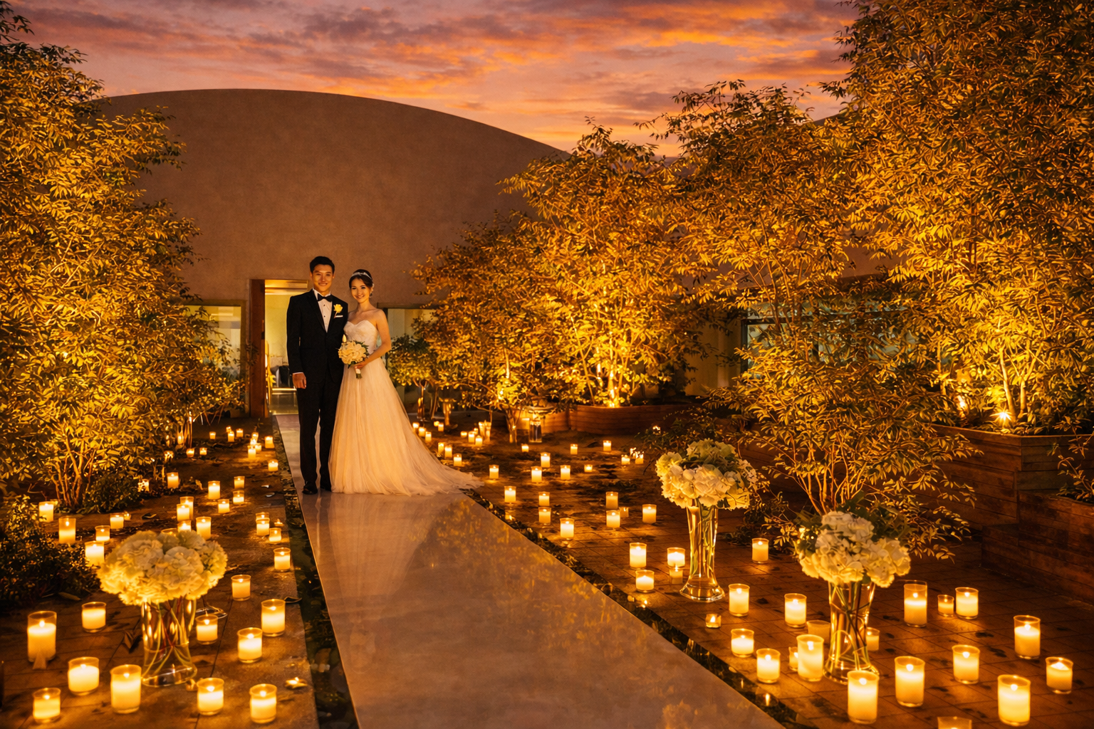 福岡のガーデンウェディングでキャンドル演出が映えるフォレストテラス博多のナイトチャペル挙式